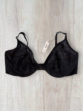 Victoria’s Secret Unlined Plunge Bra 38DDD Black Lace Underwire Sheer Cups NWT
